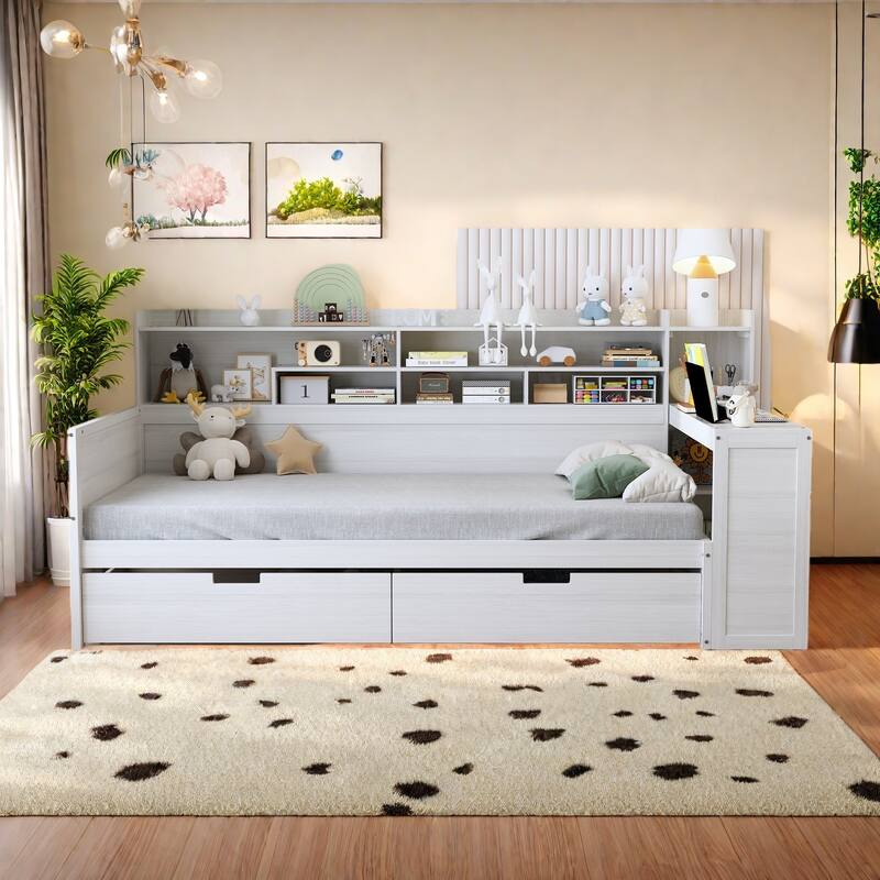Twin Size Daybed with Study Desk and Storage,Space-Saving Design with Side Shelves, 2 Large Drawers, Built-In Workstation - Antique White