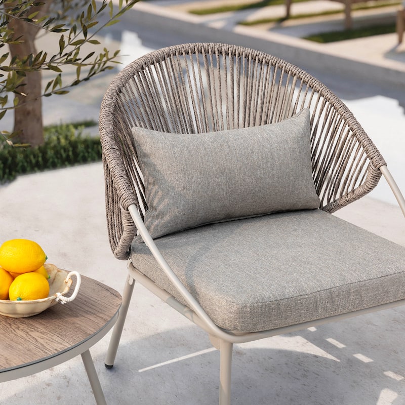 3PCS Metal and PE Wicker Patio Bistro Set with Zippered Cushions, Wood-Grain Tabletop