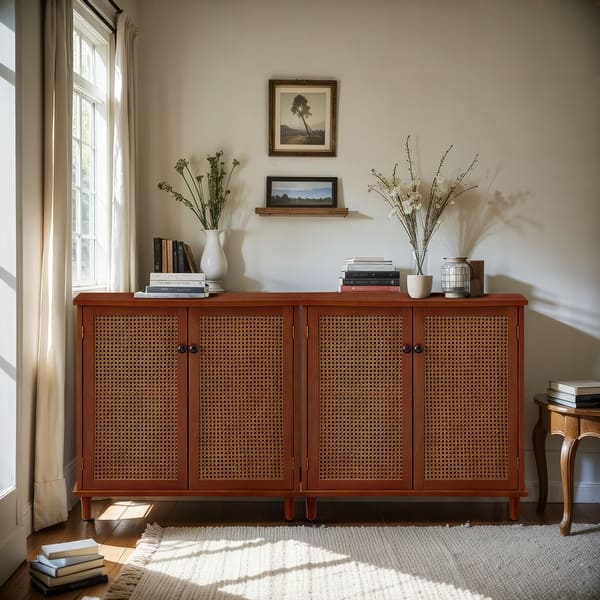 slide 2 of 14, Art Leon Woven Rattan Wicker Doors Accent Cabinet Sideboards Walnut Finished