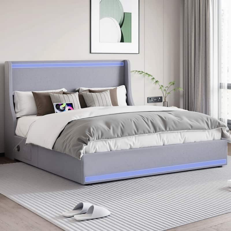 Javlergo Bed Frame with LED Lights and Charging Station Linen Fabric Bed with Drawers Wooden Slats