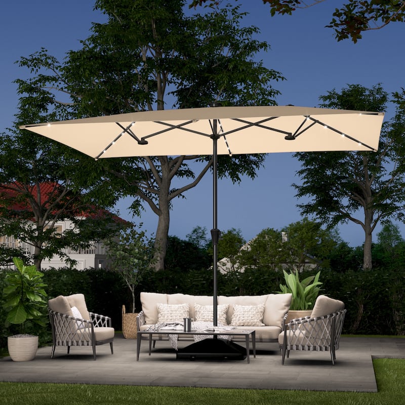 LIVOOSUN 11x7Ft/10x6.5ft LED Large Double-Sided Rectangular Outdoor Patio Market Umbrella with Crank, Navy Blue - Beige