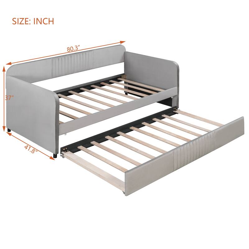 Roomfitters Twin Upholstered Daybed with Pull-Out Trundle, Velvet Sofa Bed Frame, Grey
