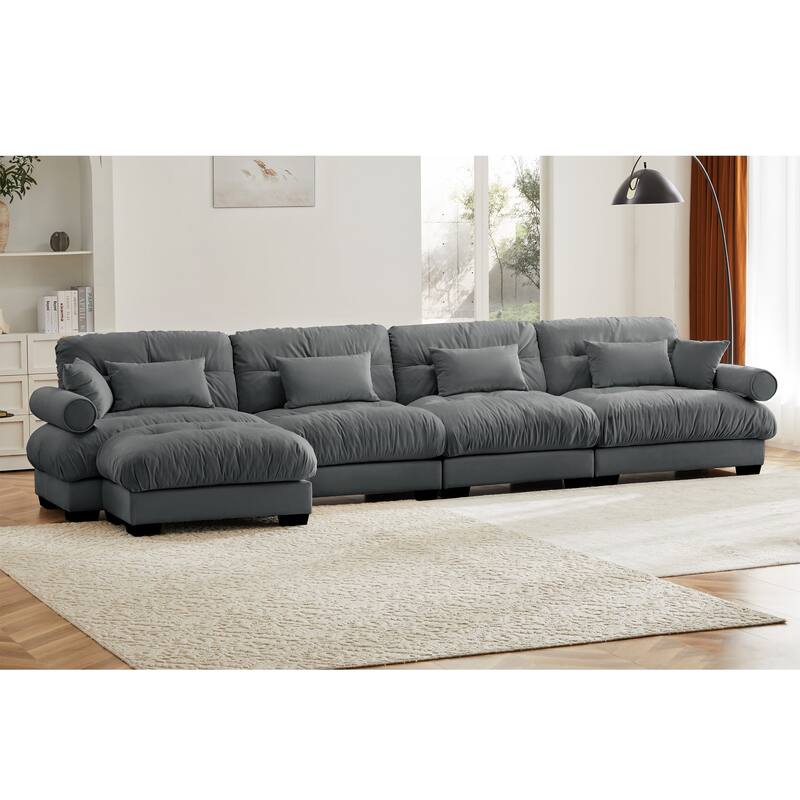L-Shaped 4 Seater Sectional Sofa with 1 Movable Ottomans & Pillows