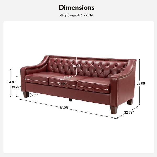 dimension image slide 5 of 8, Mateo 82.28" Wide Transitional Genuine Leather Sofa with Nailhead Trim and Button-Tufted Back