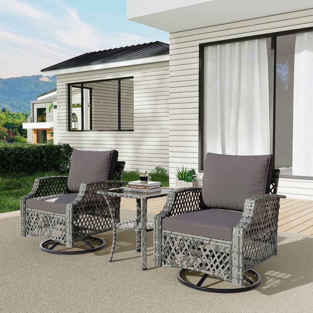 Outdoor Wicker Patio Set w Swivel Chairs & Sofa, Ottomans and Tables, Modular 3/5/6/7-Piece, All-Weather Conversation Set.