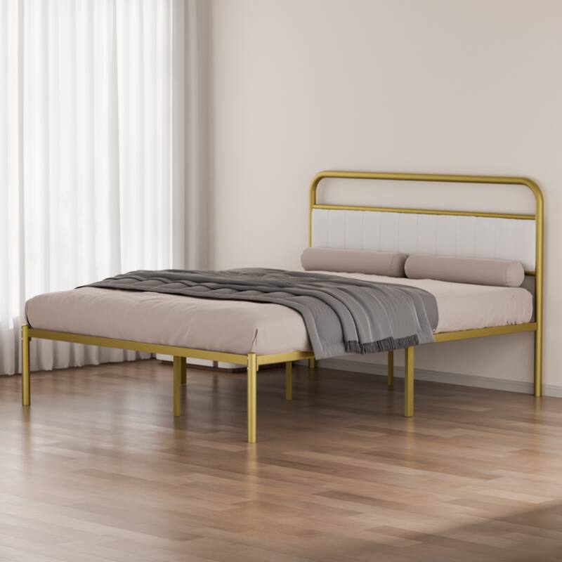 Queen Platform Bed with Padded Headboard, Gold Metal Frame, No Box Spring Needed