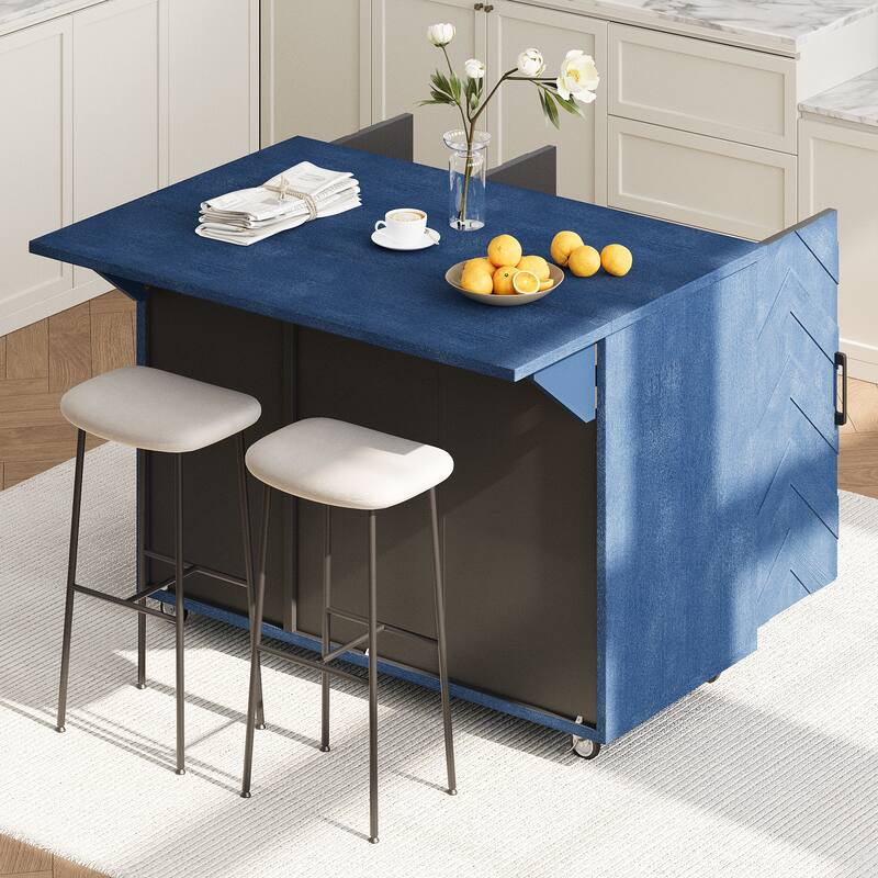 Farmhouse Style 51.2" Rolling Kitchen Island with 3D Wave Stripes Ash Veneer, Drop Leaf & Storage Racks