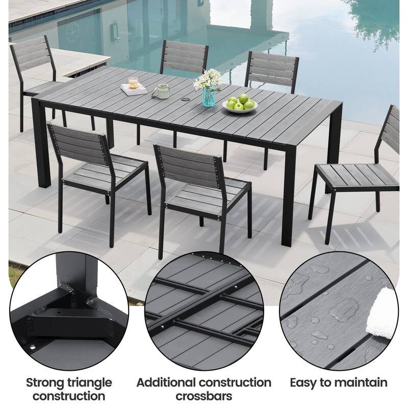 Outdoor 7-Piece Patio Dining Set Stackable Chairs and Dining Table with Umbrella Hole