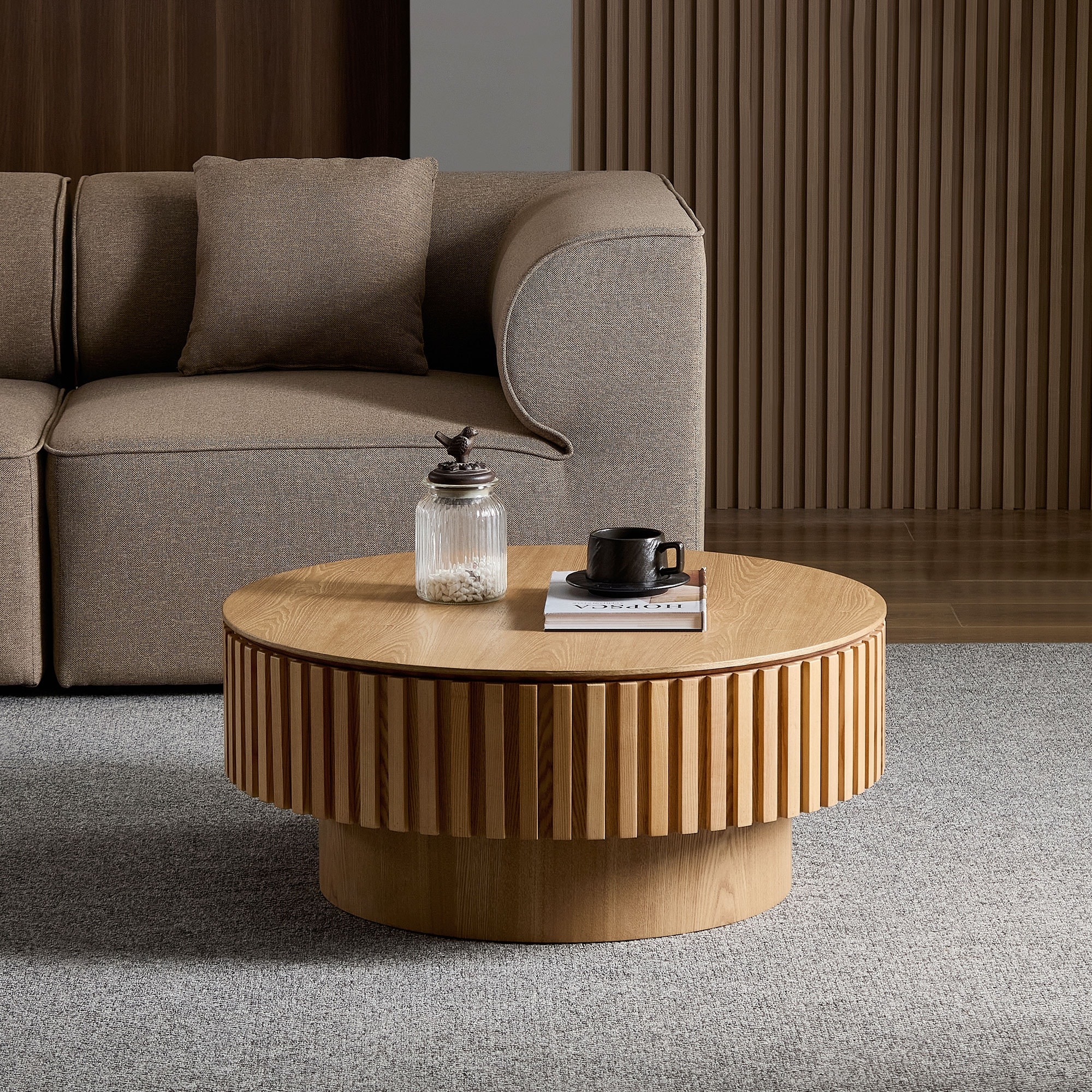 31.49'' Round Coffee Table Side Table with Storage, Modern Sofa Table Natural Ash End Table for Apartment Living Room