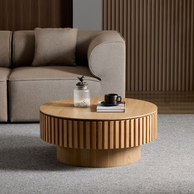 31.5" Round Wood Coffee Table with Storage, Modern Handcraft Drum Coffee Table, Stylish Circle Wooden Center Table