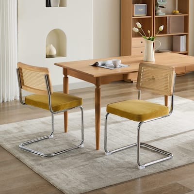 Mid Century Modern Dining Chairs Set of 2, Gold Velvet Accent Chairs Kitchen Chair w/ Natural Cane Back, Stainless Chrome Base
