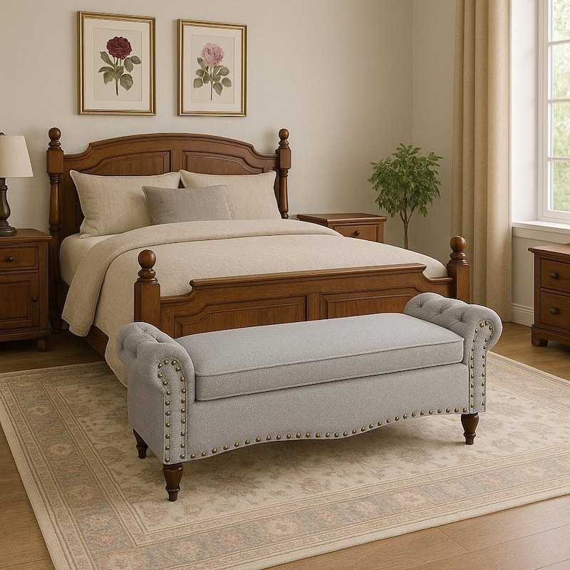 53 in Tufted Rolled Arm Storage Bench with Nailhead Trim