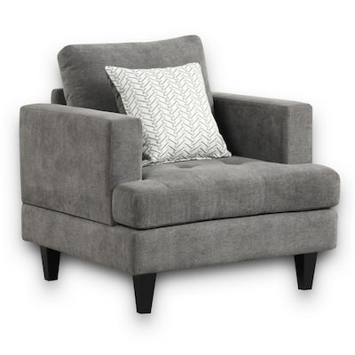 Lae 35 Inch Sofa Chair, 1 Throw Pillow, Tufted, Gray Chenille Upholstery