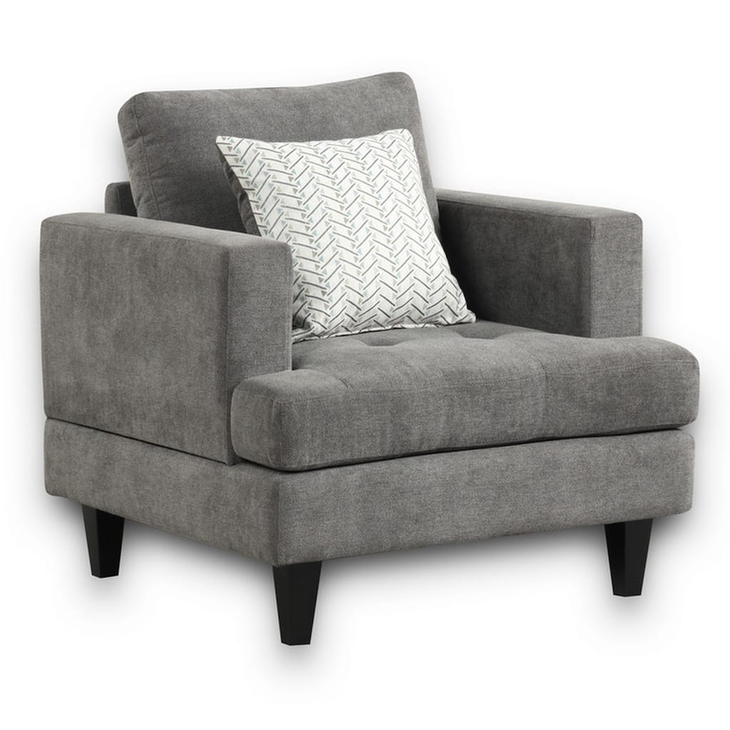 Lae 35 Inch Sofa Chair, 1 Throw Pillow, Tufted, Gray Chenille Upholstery