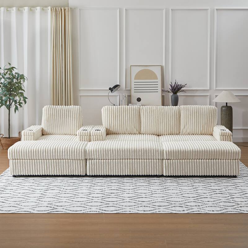 Anmytek Corduroy 3-Seater Deep Seat Sofa & Single Recliner With Cup-Holding Grooves