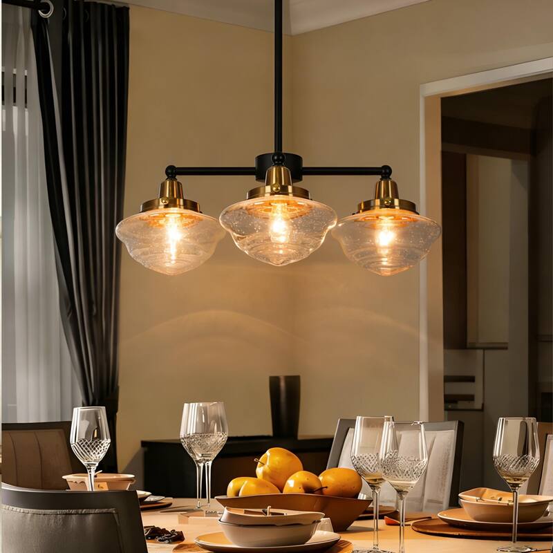 Mid-Century Modern 3/5-Light Black Gold Wheel Chandelier Seeded Glass Pendant Light for Dining Room - 3-Light