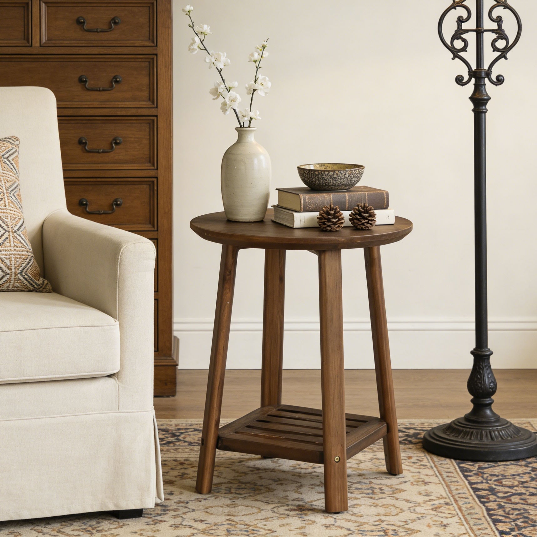 19.69" Farmhouse Solid Wood Round End Table with Storage Shelf