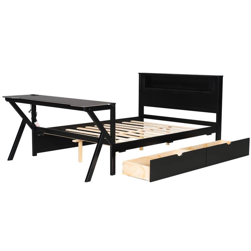 Roomfitters Twin/Full Wooden Gaming Platform Bed with LED Headboard, Desk and Drawers, Black