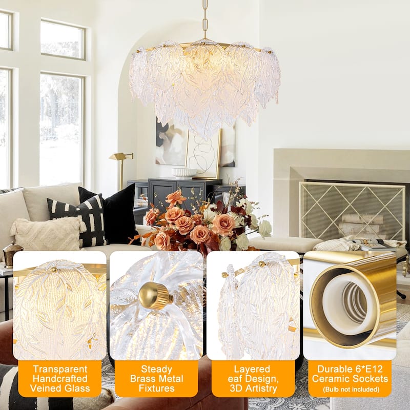 Luxury Gold Chandelier with Double-Tier Clear Glass Leaves
