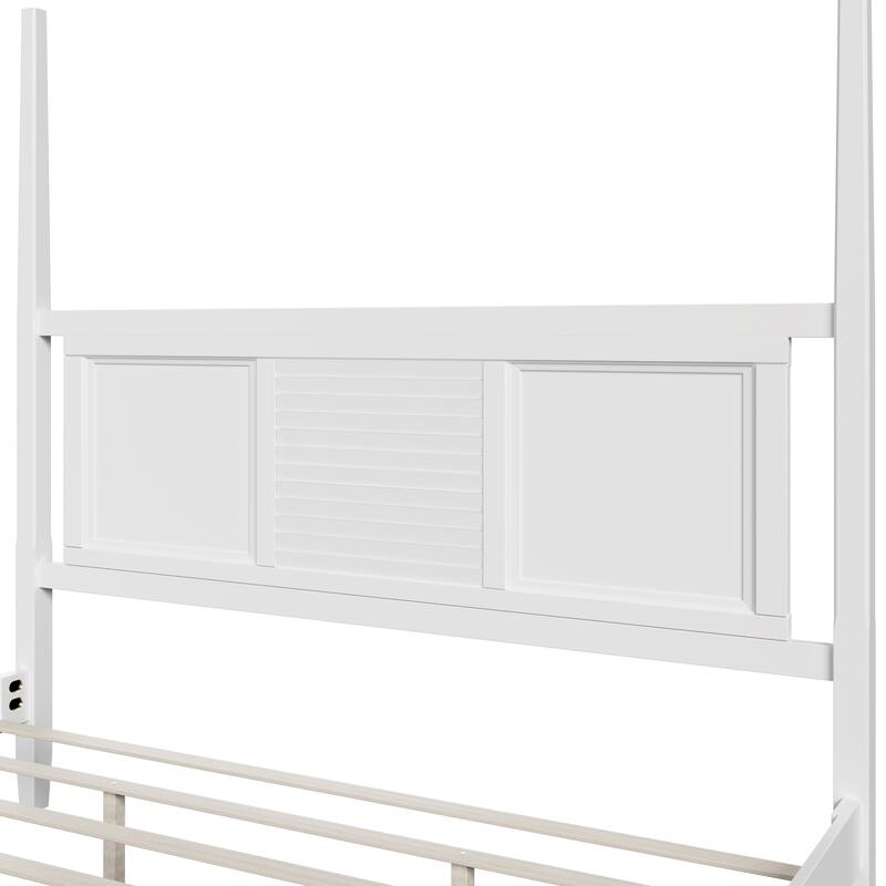 White Bed Frame Canopy Bed Wood Four Poster Bed, Low Profile Platform Bed, No Box Spring Needed, Wood Slat Support Frame Bed