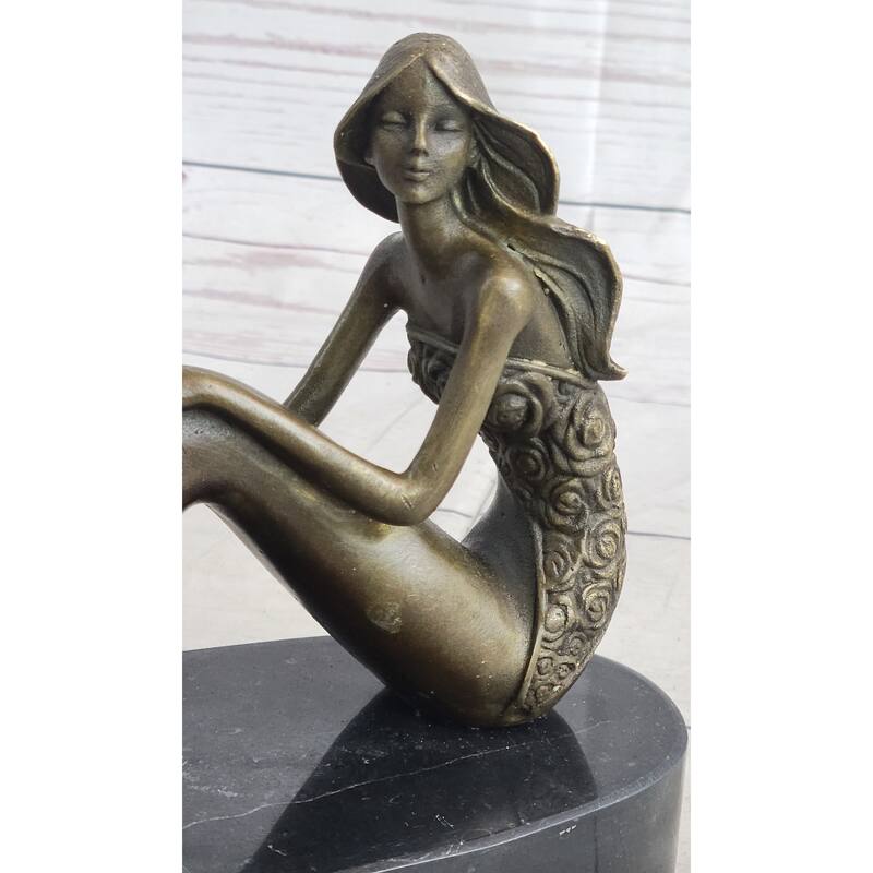 Young Woman In Floral Skirt Mermaid Effect Bronze Statue Sculpture Figure On Marble Base