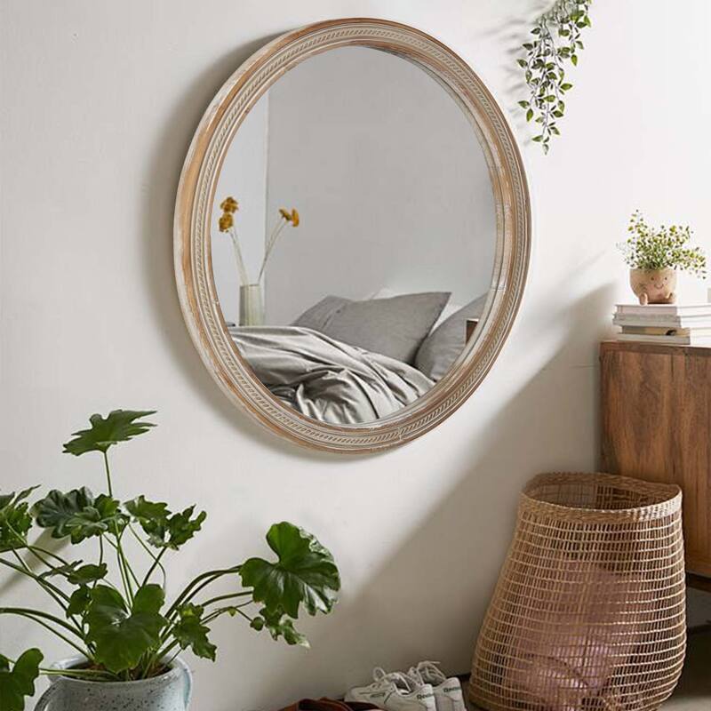 Round Decorative Wall Mirror with Woven Rattan-Textured Frame - Natural Wood