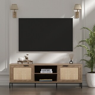 Anmytek Mid-Century Modern Herringbone TV Stand for TV Up to 65 Inches Rattan Console TV Table 59x15.7x21.7 inch