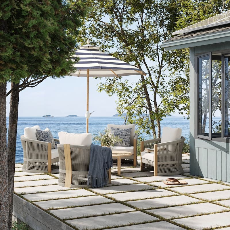 Jagger Farmhouse Patio Seating with Solid Acacia Wood Frame, Cushions, and Rope Accent