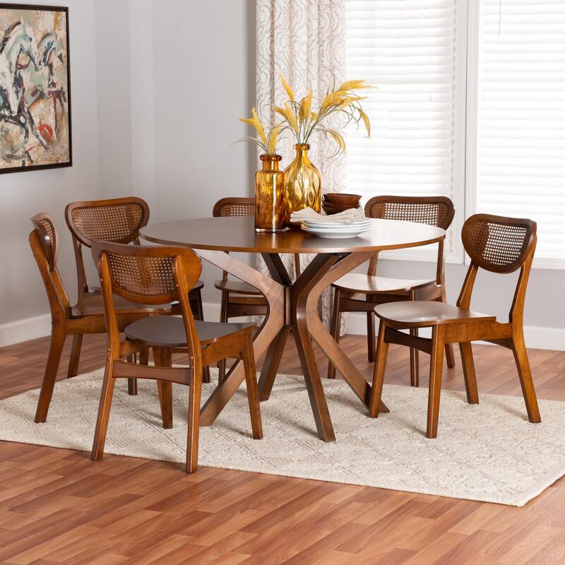 Giuliana Mid-Century Modern Wood and Woven Rattan 7-Piece Dining Set