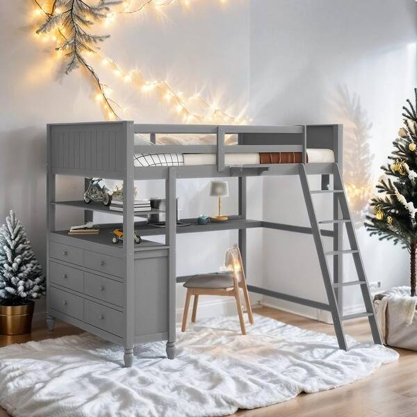 slide 2 of 19, Stylish & Simple Full size Loft Bed with Drawers and Built-in Desk, Wooden Loft Bed with Shelves, Health and Comfort, Grey Grey