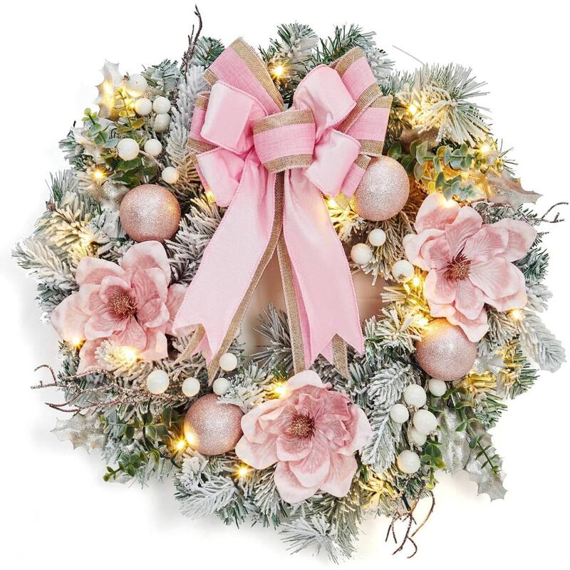 24 Inch Pink Christmas Wreath with Lights for Front Door - N/A - Pink