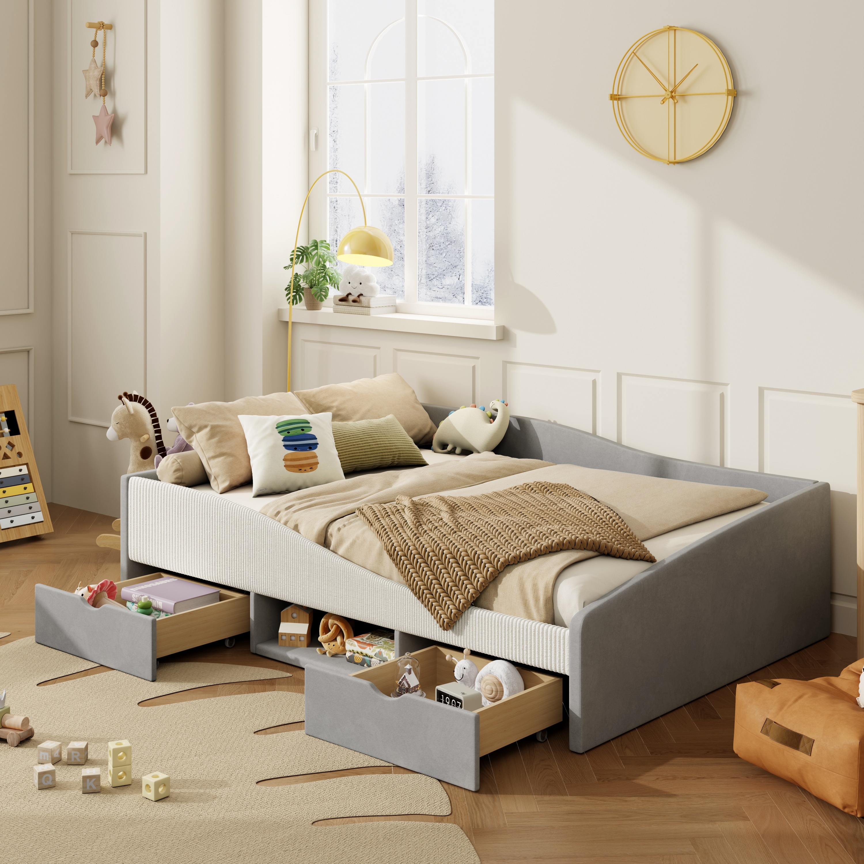 Upholstered Daybed Frame with 2 Drawer Chic Streamlined Guardrail
