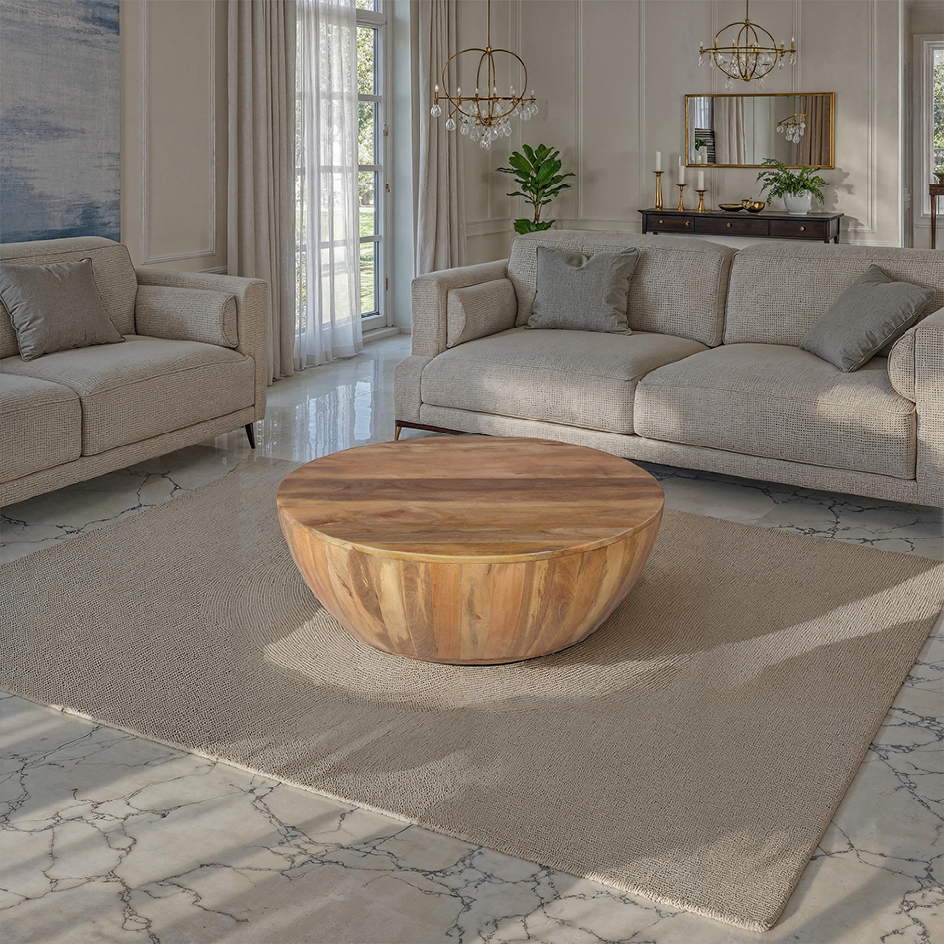 Arthur Mango Wood Coffee Table In Round Shape, Dark Brown