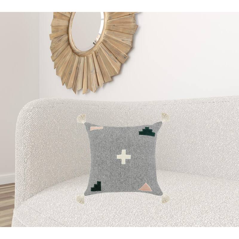 HomeRoots 20" X 20" Black Off-White Pink And Green 100% Cotton Geometric Zippered Pillow