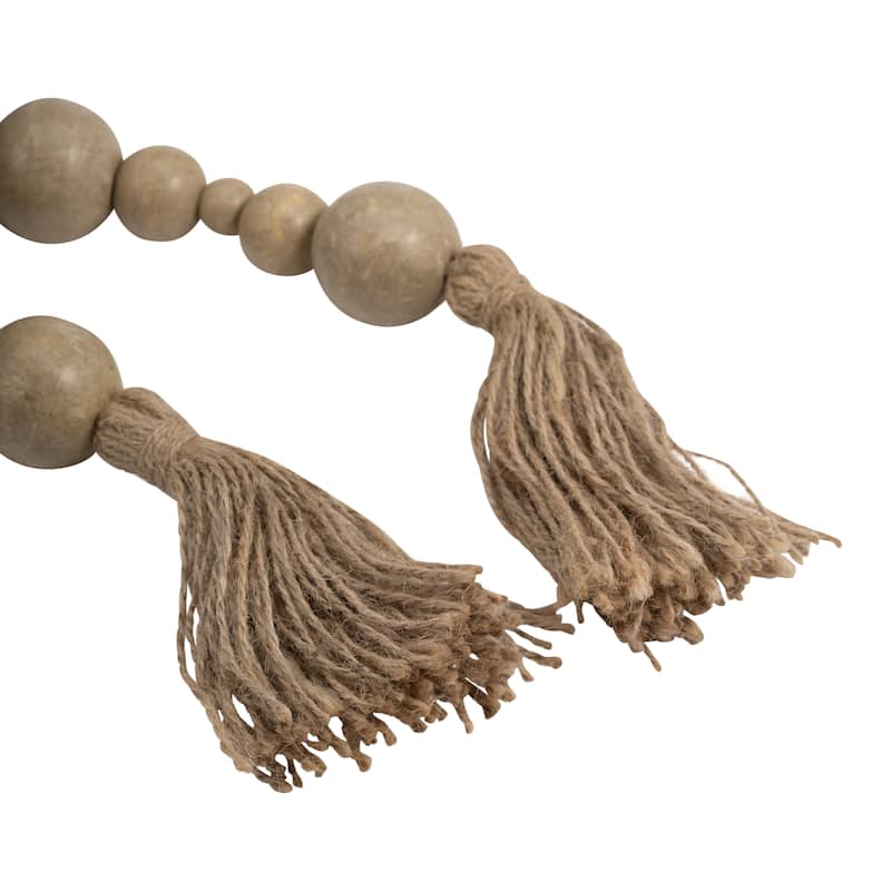 Sagebrook Home Handcrafted Wood & Jute Beaded Garland with Geometric Accents and Tassels for Home Decor - 84" x 2" x 2"