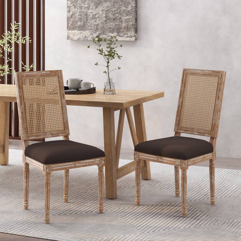French Country Dining Chairs Set of 2 with Cane Backrest and Upholstered Seat