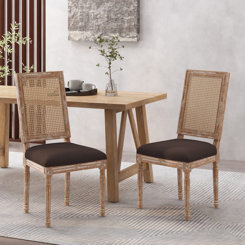 French Country Upholstered Dining Chair with Cane Backrest and Rubberwood Frame Set of 2