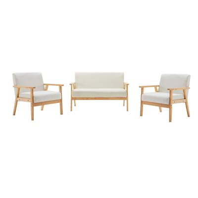 Gala 3 Piece Loveseat and Chair Set, Ivory Fabric, Espresso Wood Frame