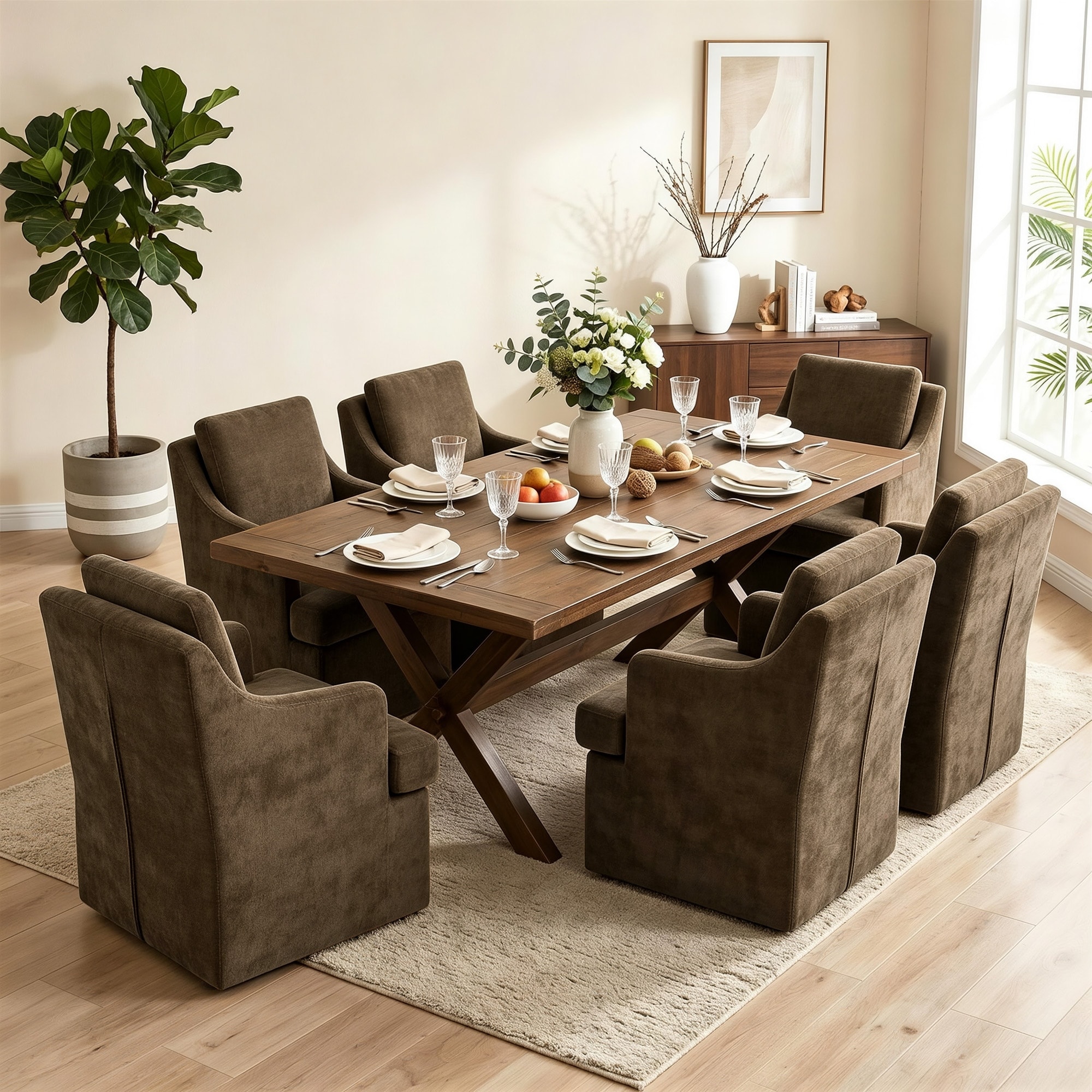 Modern Chenille Upholstered Dining Arm Chairs with Swivel Caster