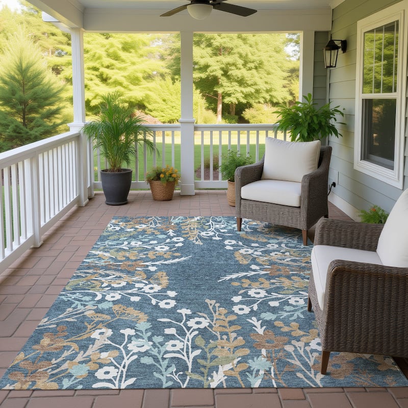 Machine Washable Indoor/ Outdoor Floral Border Chantille Rug