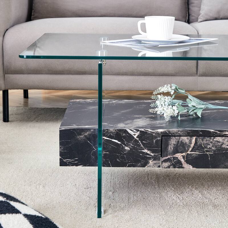 43.3 Inch Two-Tier Coffee Table-Clear Tempered Glass And Black Marble Texture,Multifunctional Storage Design,Includes A Drawer