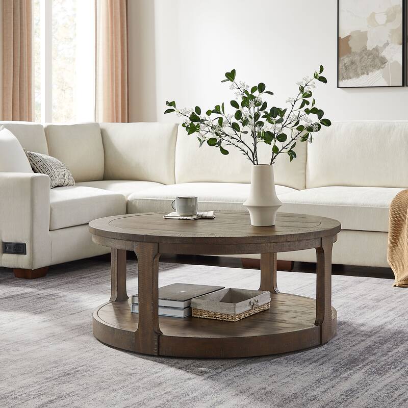 Mid-Century Rustic Style 40inch Large Curved 2 Tier Round Circle Wooden Center Coffee Table