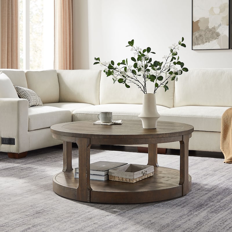 Traditional Coffee Table 2 Tier Round Wooden Center Table with Wheels