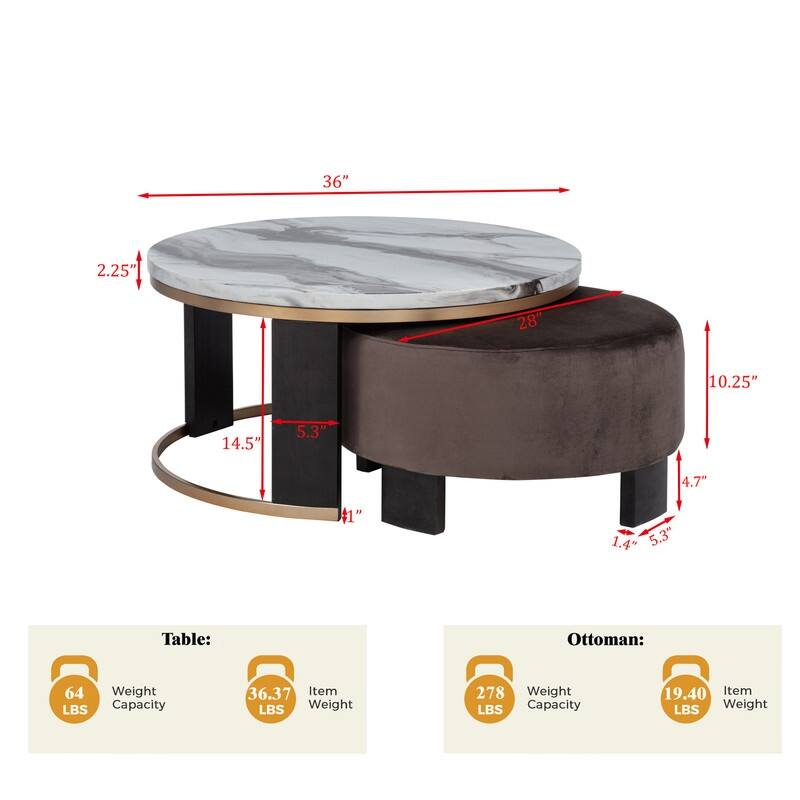 Best Master Furniture Aldora Icelandic Ivory Marble Nesting Coffee Table with Chocolate Velvet Ottoman