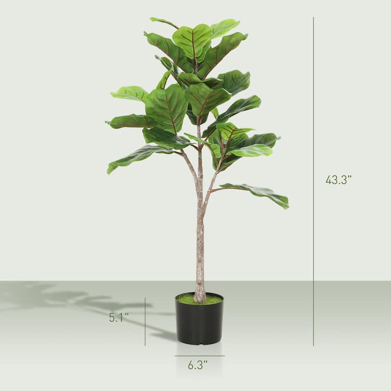 HOMCOM 43" Artificial Fiddle Leaf Fig Tree with 28 PEVA Leaves and Pot, Fake Plant with Flocked Soil for Home Office Living Room