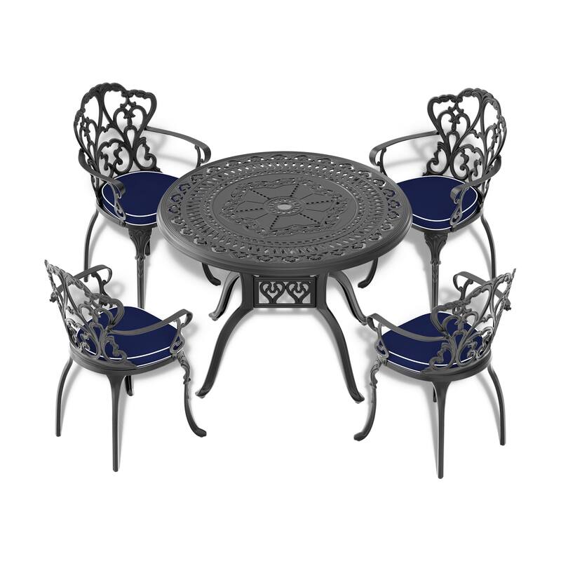 GDFStudio- Bellamy 39-Inch Round Cast Aluminum Outdoor Dining Table with Umbrella Hole