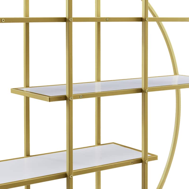 Roomfitters 70.8" Round Bookcase for Office, Bookshelf with Display Shelves and 2 Drawers, Gold Frame, Golden+White