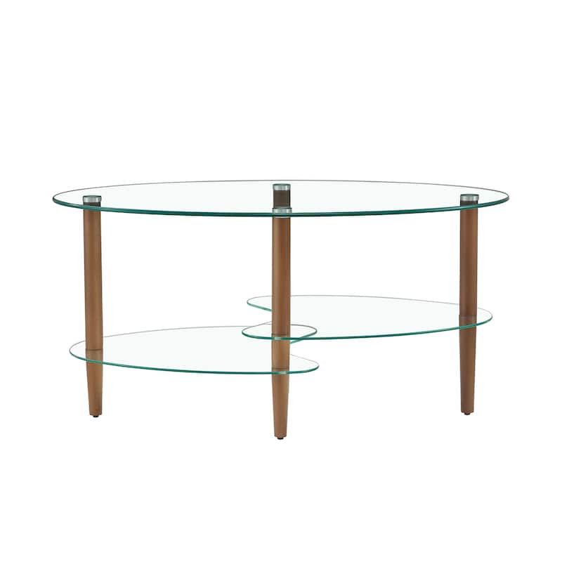 Oval glass coffee table, modern table in living room Oak wood leg tea table glass table