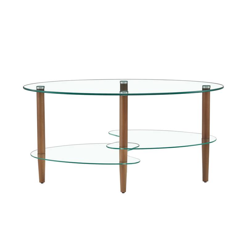 Transparent Oval Glass Coffee Table with Oak Wood Legs, a Stylish and Functional Piece for Your Living Room