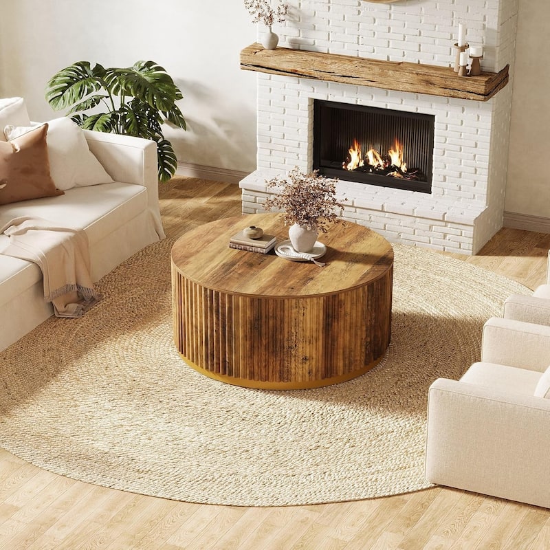Round Coffee Table, Fluted Wooden Center Table, Mid Century Modern Table for Living Room or Office